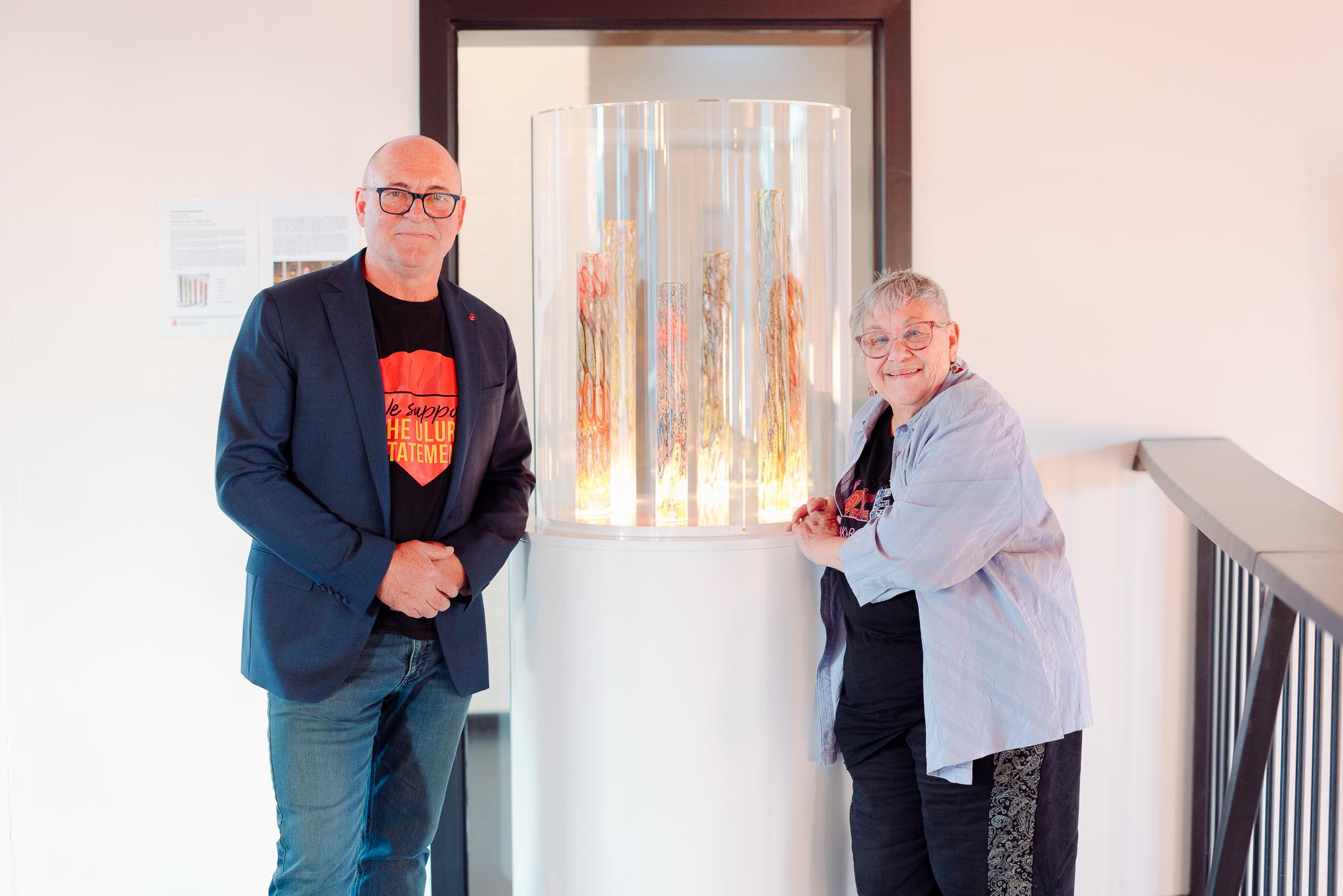 Professor Simon Haberle and Jennifer Kemmare Martiniello with the Voice Cores #1-6 at ANU