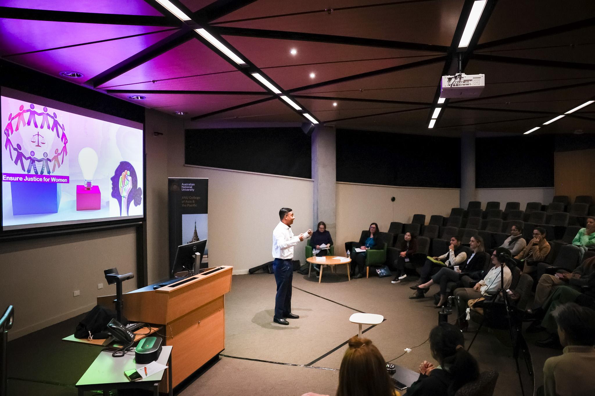 PhD student Subrata Banerjee delivers his 3MT presentation. 