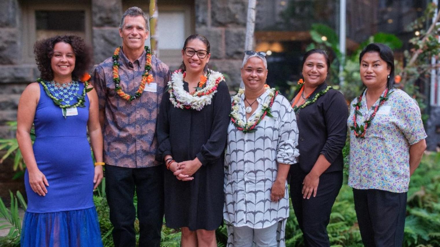 Bishop Museum (BM) Cultural Resources Director Healoha Johnston; BM exhibit designer Michael Wilson; Exhibit artist & co-curator Katerina Teaiwa; Exhibit co-curator Joy Enomoto; BM curator of archaeology Pulama Lima; Exhibit Co-curator Yuki Kihara